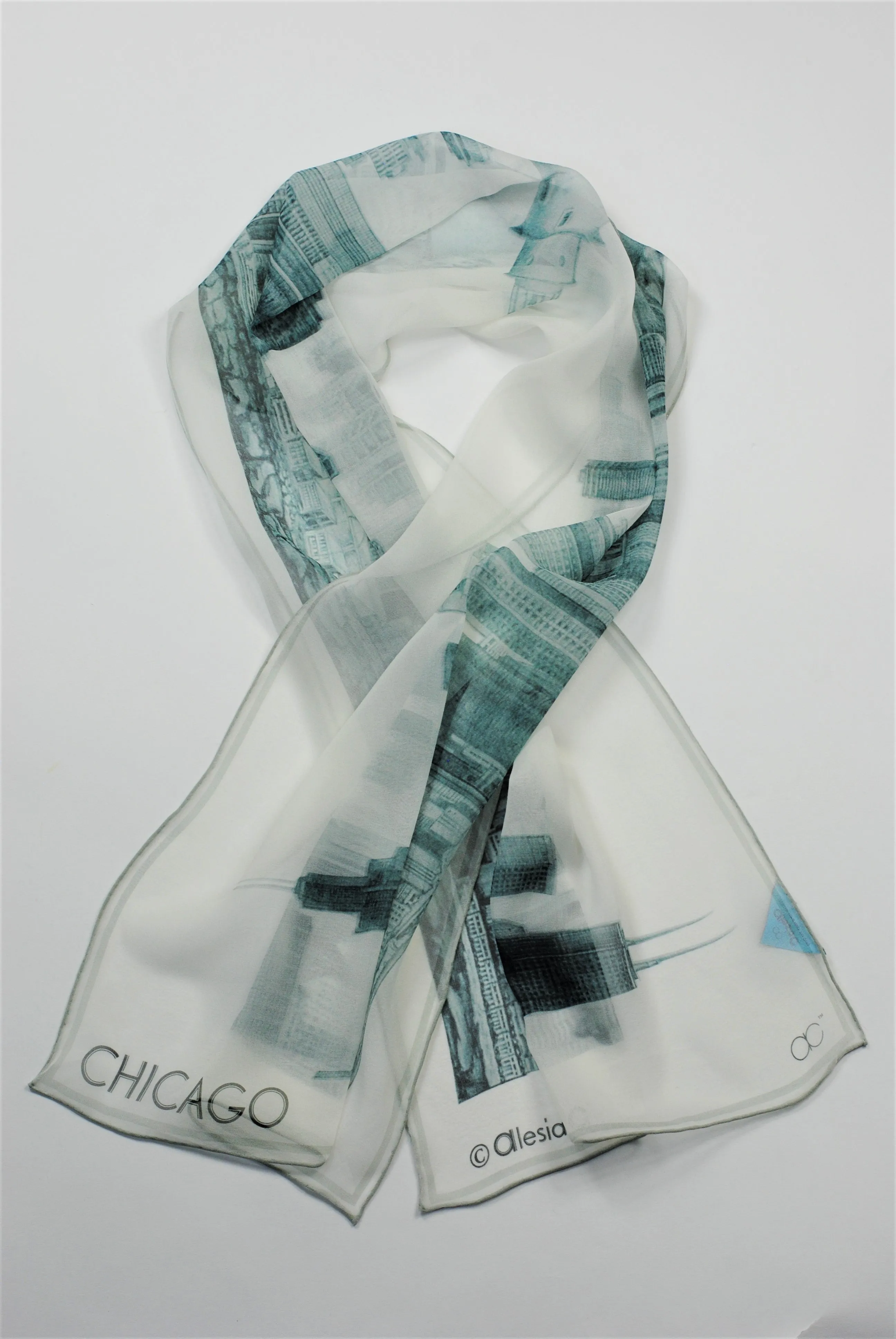 CHICAGO Skyline Designer 100% Silk Georgette Long Rectangle Scarf in Grey White