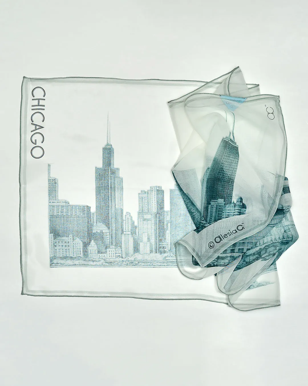 CHICAGO Skyline Designer 100% Silk Georgette Long Rectangle Scarf in Grey White