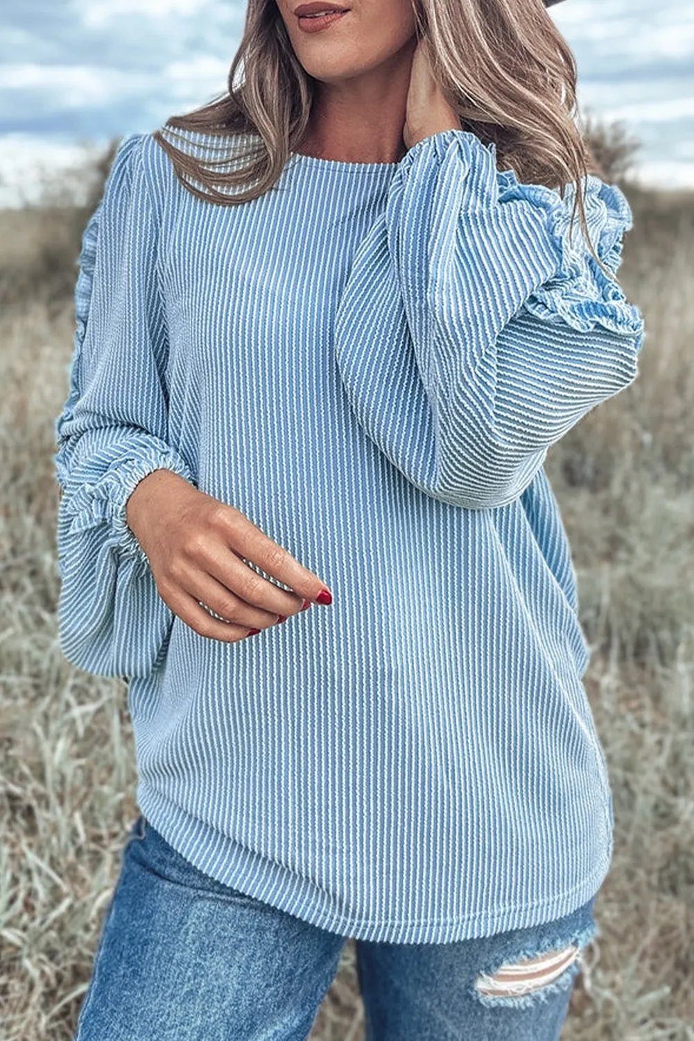 Corduroy Baby Blue Frilly Puff Sleeve Sweater