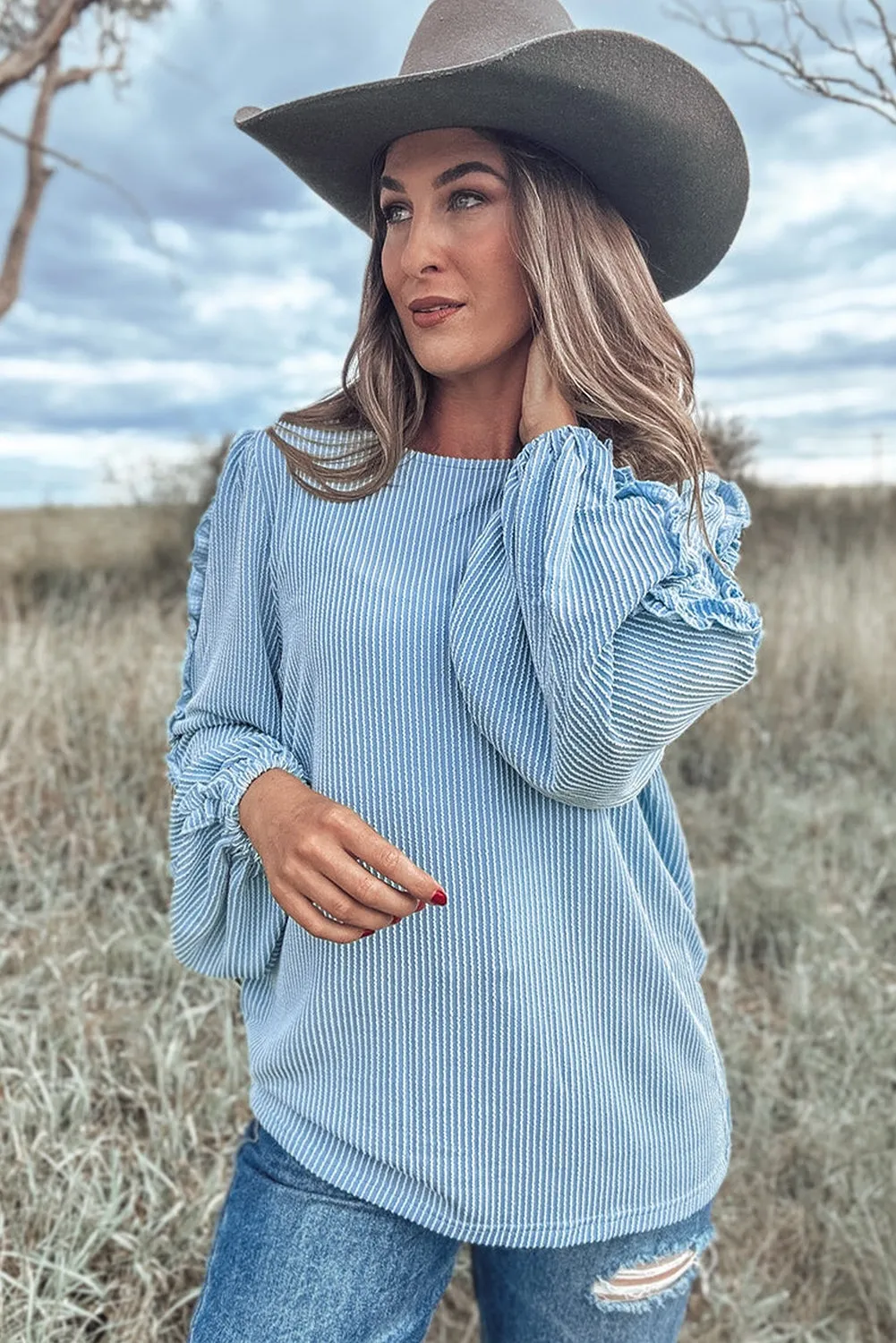 Corduroy Baby Blue Frilly Puff Sleeve Sweater