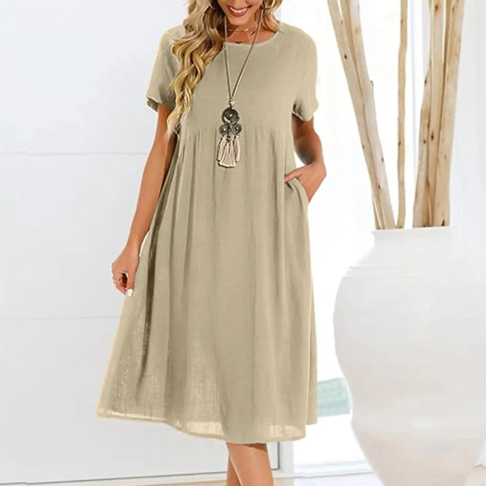 Cotton Linen Breathable Y2K Fashion Half Sleeve Solid Casual High Waist Elegant Midi Vintage Dress