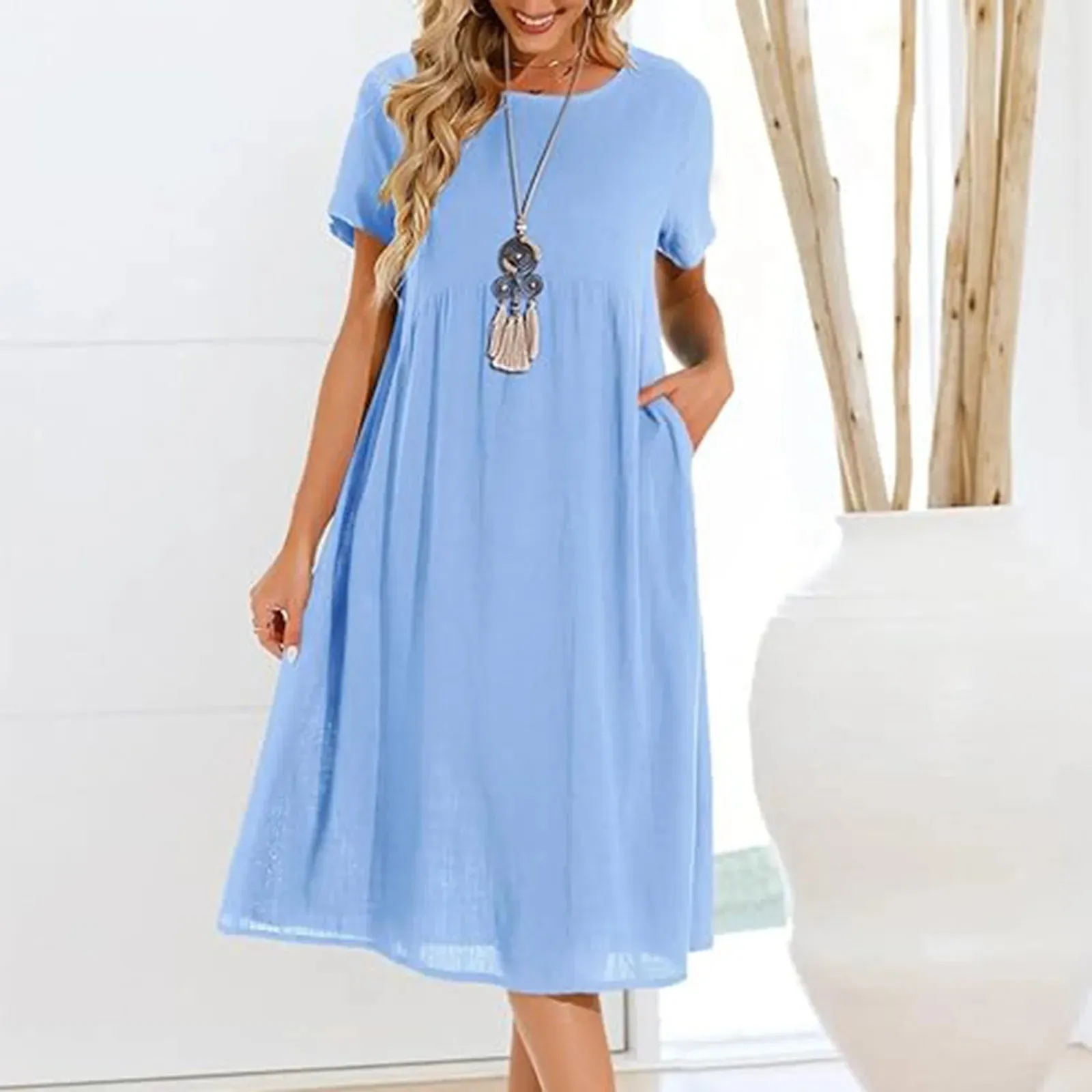 Cotton Linen Breathable Y2K Fashion Half Sleeve Solid Casual High Waist Elegant Midi Vintage Dress