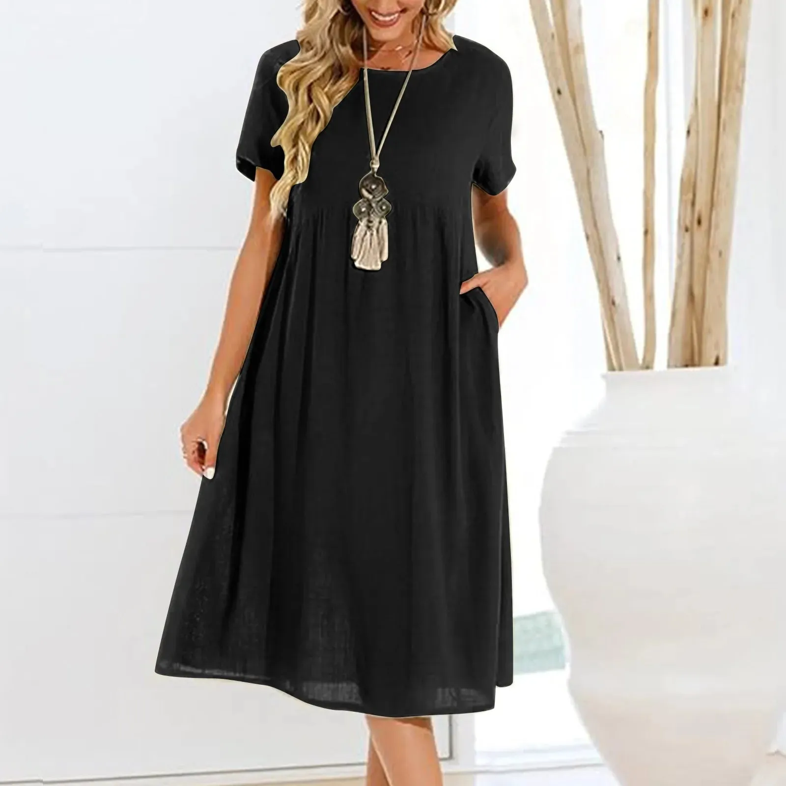 Cotton Linen Breathable Y2K Fashion Half Sleeve Solid Casual High Waist Elegant Midi Vintage Dress