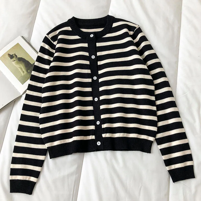 Crew neck striped cardigan long sleeve sweater fashion  6455