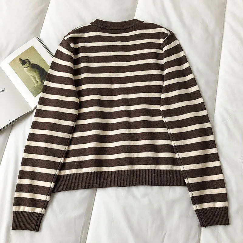 Crew neck striped cardigan long sleeve sweater fashion  6455