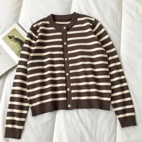 Crew neck striped cardigan long sleeve sweater fashion  6455