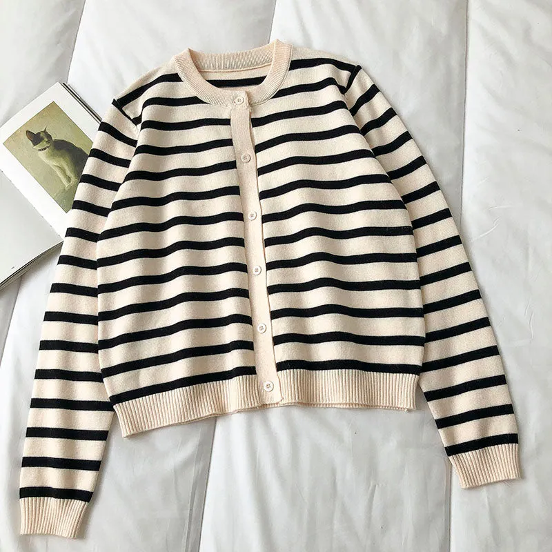 Crew neck striped cardigan long sleeve sweater fashion  6455