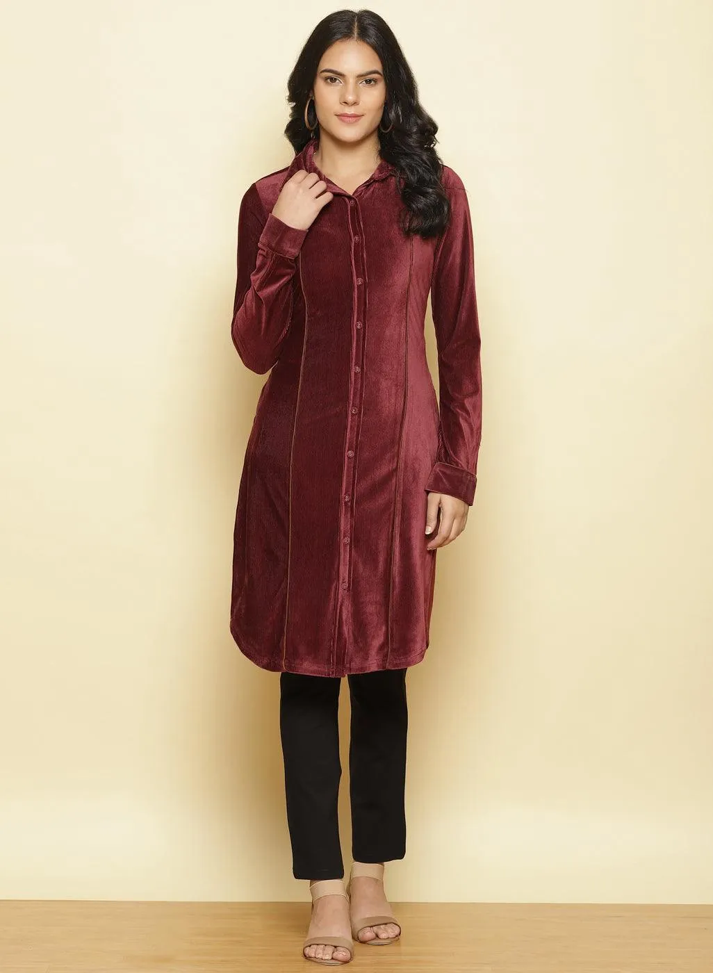 Dark Maroon Velvet Pintuck Kurti