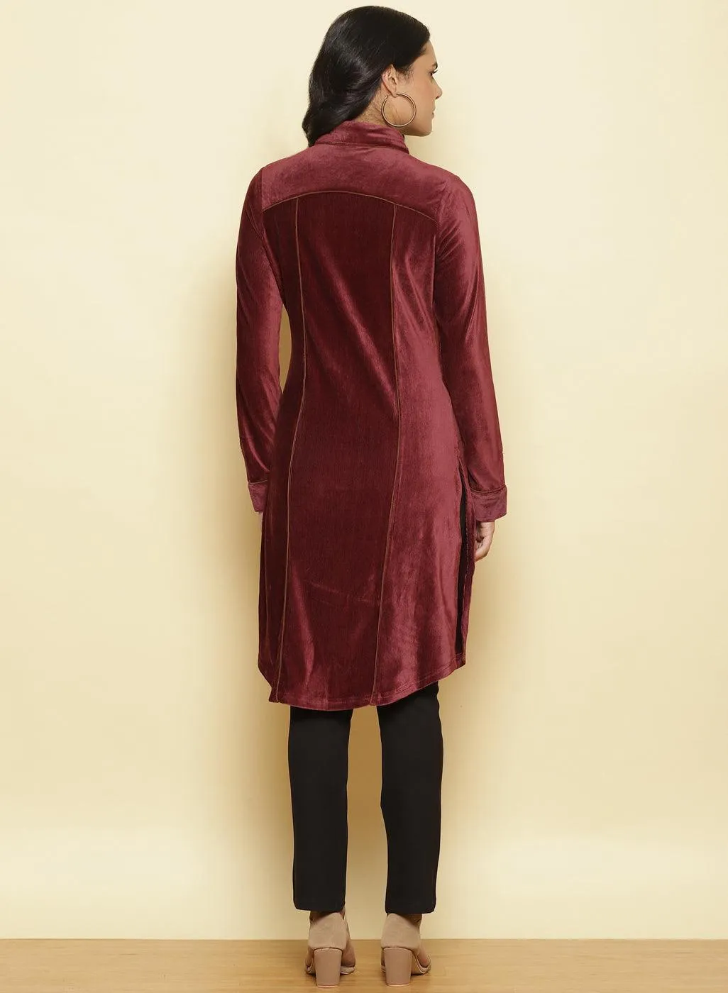 Dark Maroon Velvet Pintuck Kurti