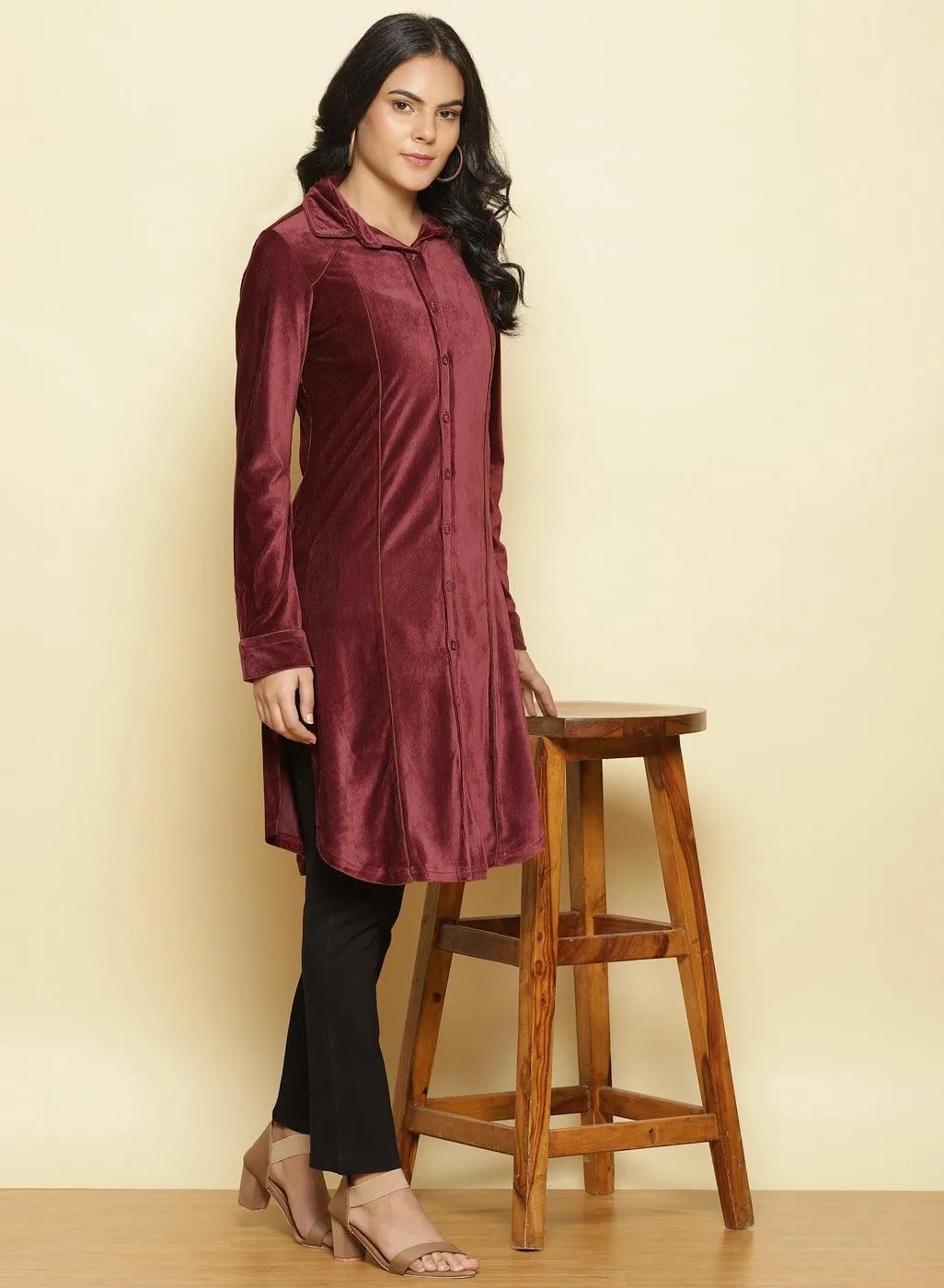 Dark Maroon Velvet Pintuck Kurti