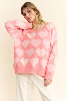 Davi & Dani Sweater Heart Pearl Side Slit V Neck Women Ribbed Pink Pullover