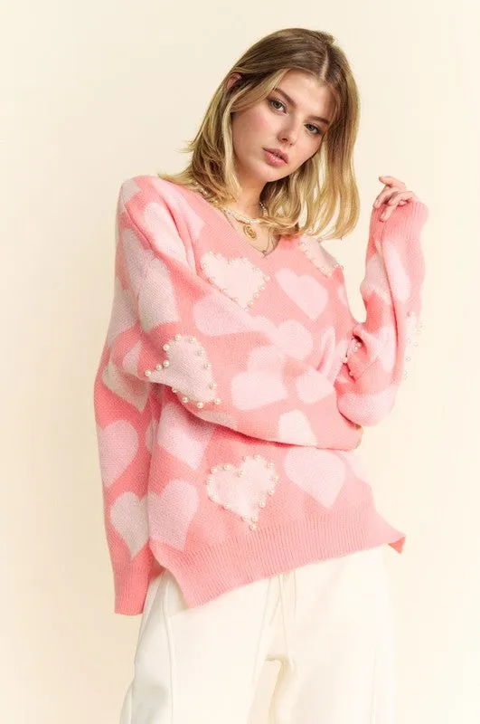 Davi & Dani Sweater Heart Pearl Side Slit V Neck Women Ribbed Pink Pullover