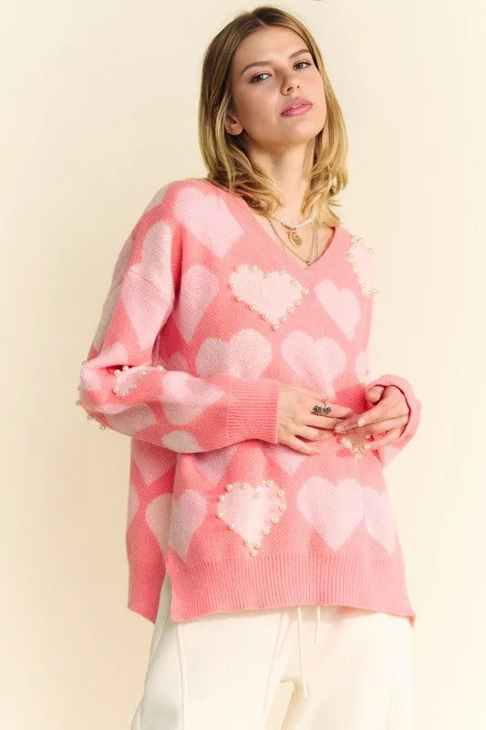 Davi & Dani Sweater Heart Pearl Side Slit V Neck Women Ribbed Pink Pullover