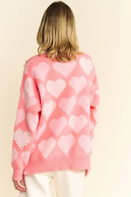 Davi & Dani Sweater Heart Pearl Side Slit V Neck Women Ribbed Pink Pullover