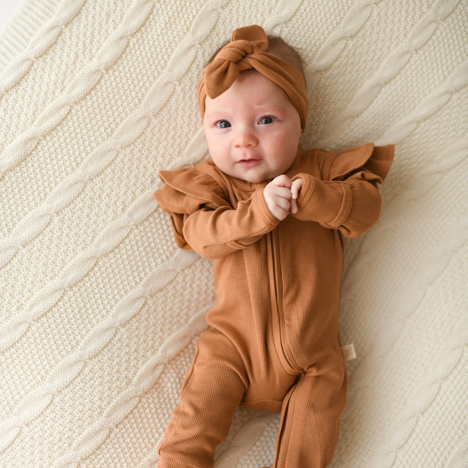 DESERT BRONZE rib organic cotton flutter zipsuit