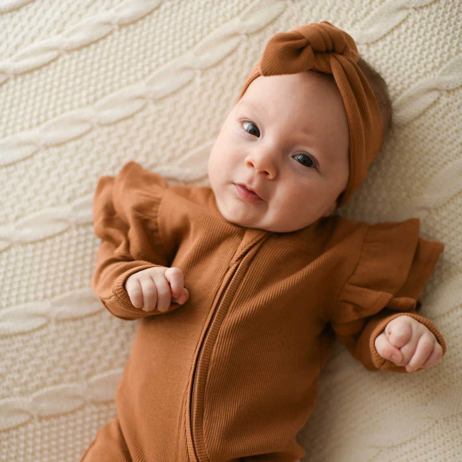 DESERT BRONZE rib organic cotton flutter zipsuit