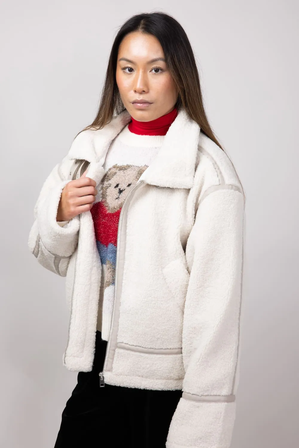 Elan Teddy Coat with Contrasting Trim for Women in White | JK8233-WHT