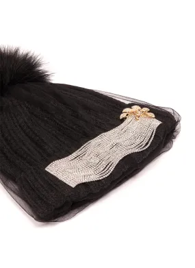 EMBELLISHED MESH VEIL POM POM BEANIE