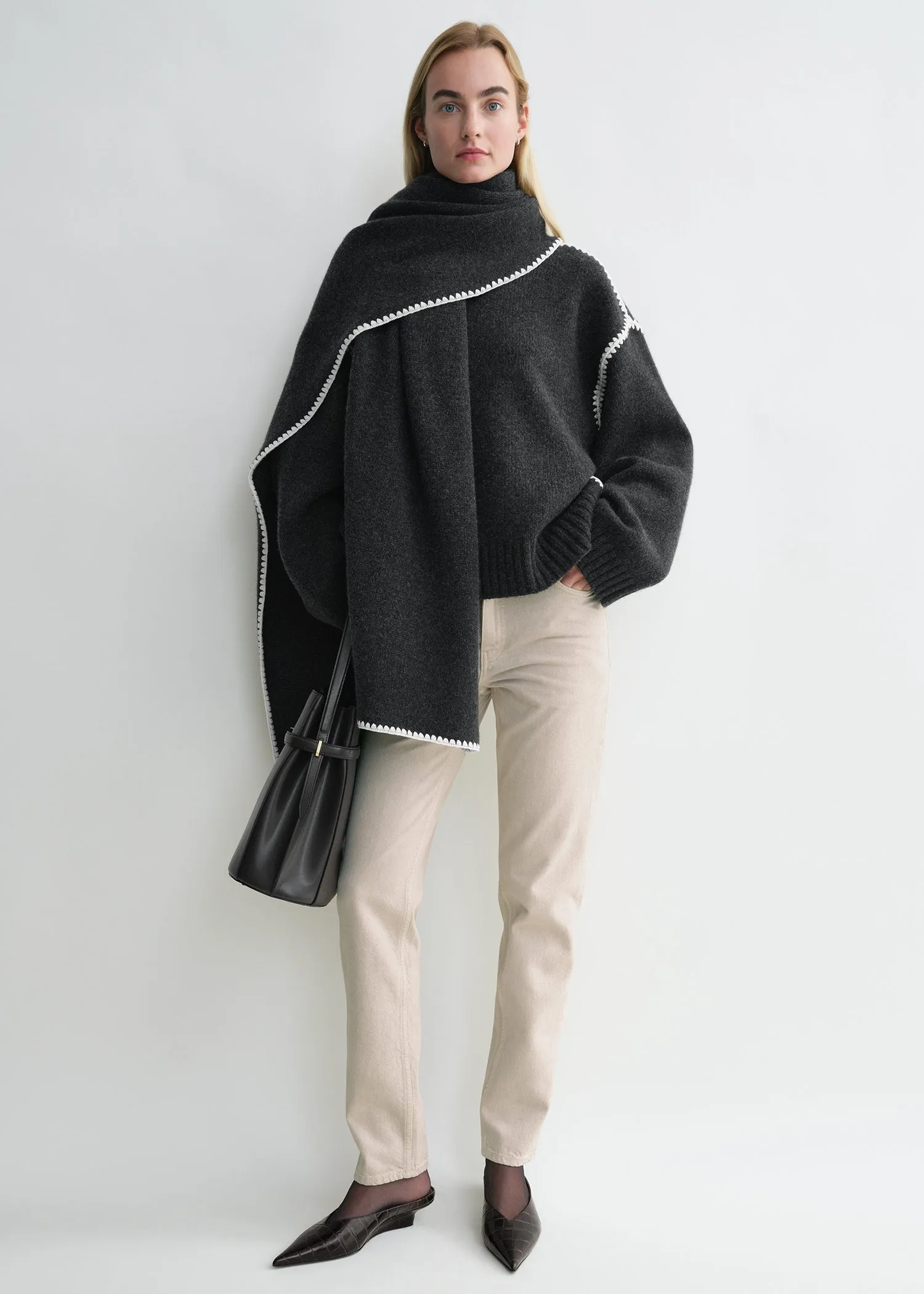 Embroidered wool cashmere knit grey melange