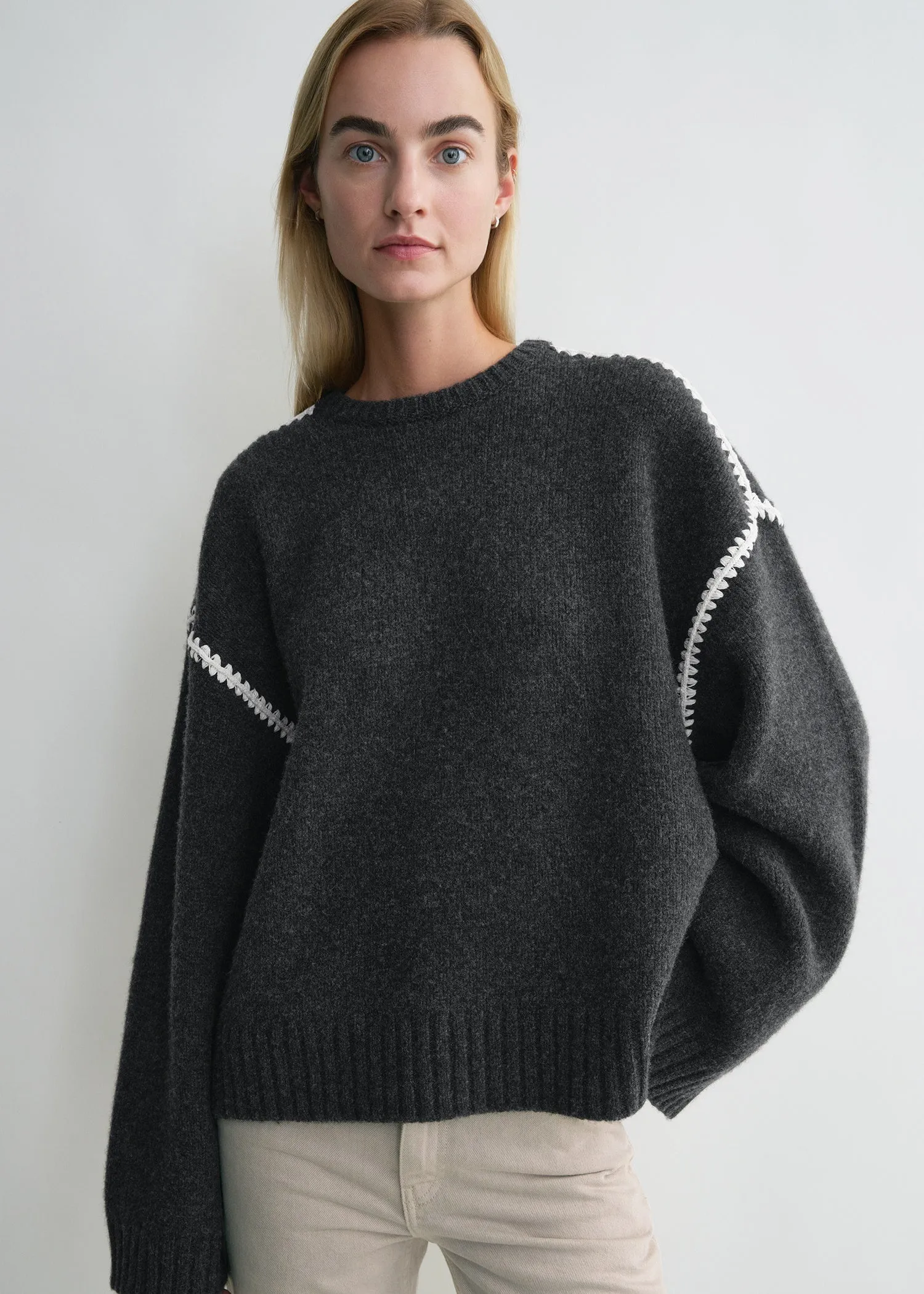 Embroidered wool cashmere knit grey melange