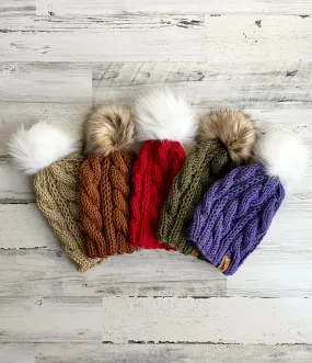 Eternity Cabled Beanie with Faux Fur Pom