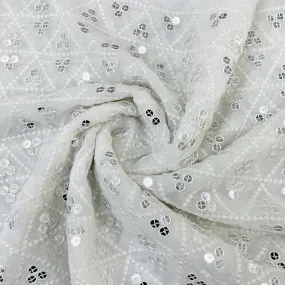 Exclusive White Geometrical Sequins Embroidery Dyeable Georgette Fabric