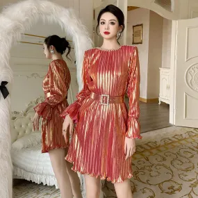 Fashionkova casual outfits 2024 Autumn Women's Clothing French-Style Diamond-Embedded Pleated Belly-Covering Flared Sleeves Dress