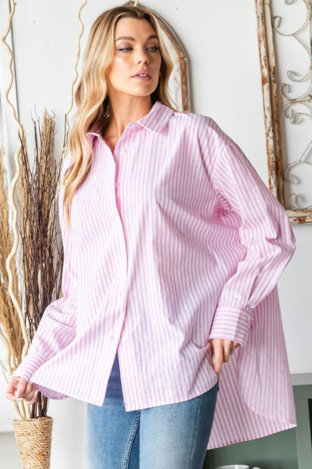 Full Size Striped Button Down High-Low Hem Shirt