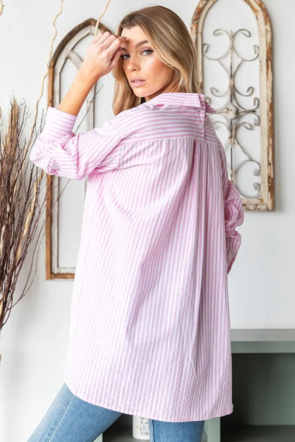 Full Size Striped Button Down High-Low Hem Shirt