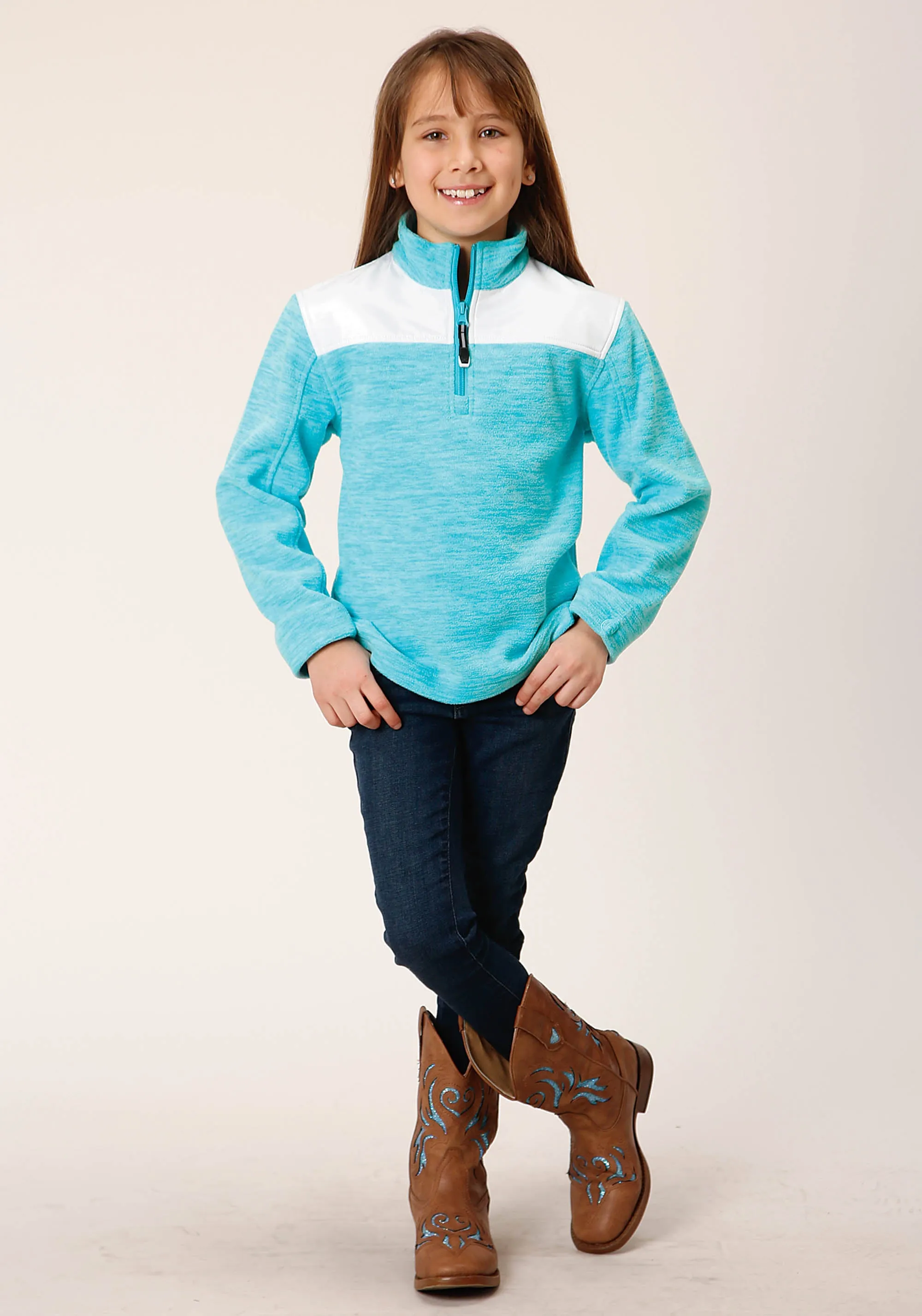 GIRLS  HTHR TURQ MICRO POLAR FLEECE PULLOVER