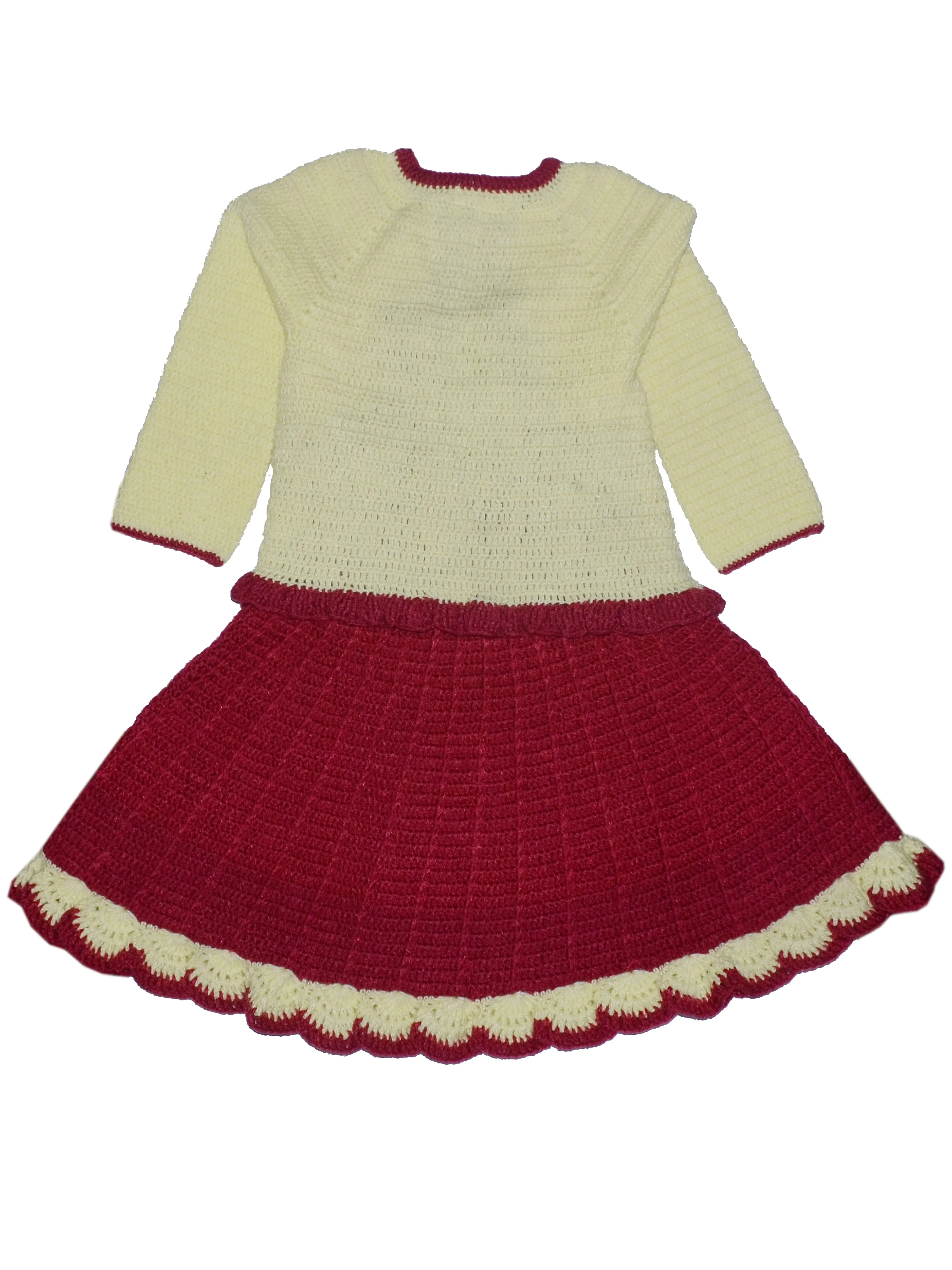 Graceful Handmade Design Frock Set With Full Sleeve Jacket & Beanie Cap- Maroon & Banana