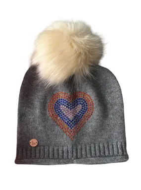 Grey cashmere plain knit beanie with heart embellishment & faux fur pom