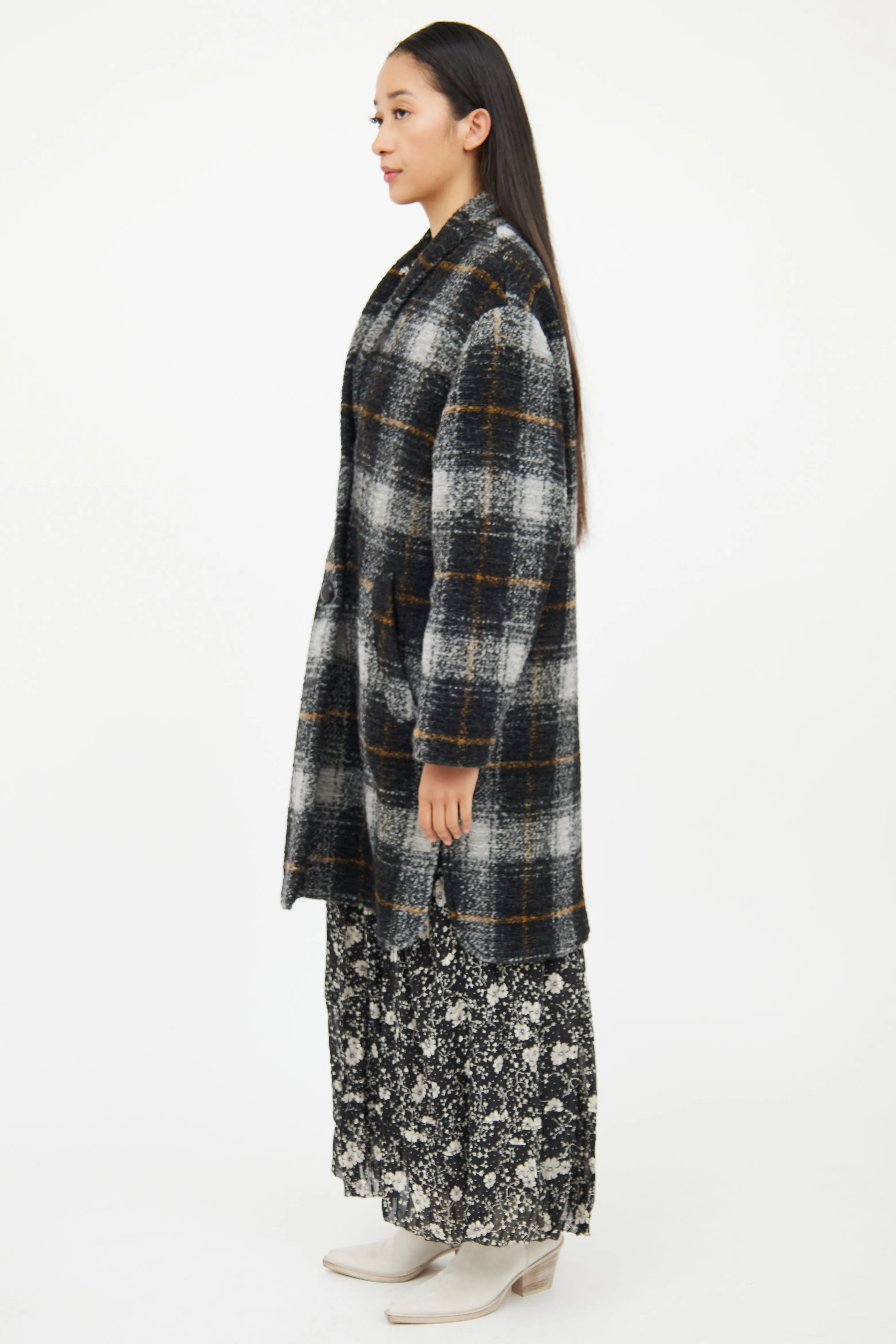 Grey Multi Colour Plaid Wool Coat