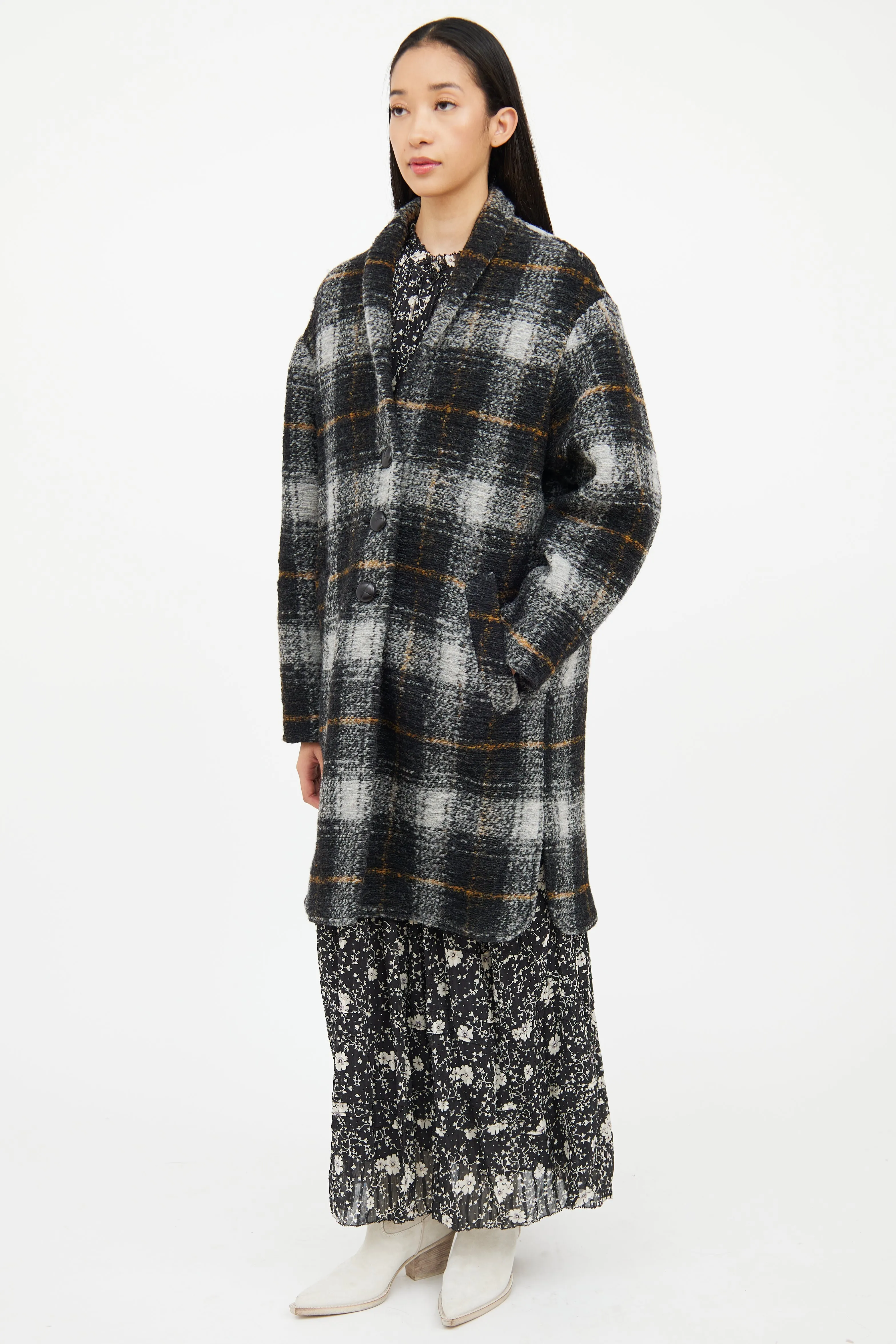 Grey Multi Colour Plaid Wool Coat