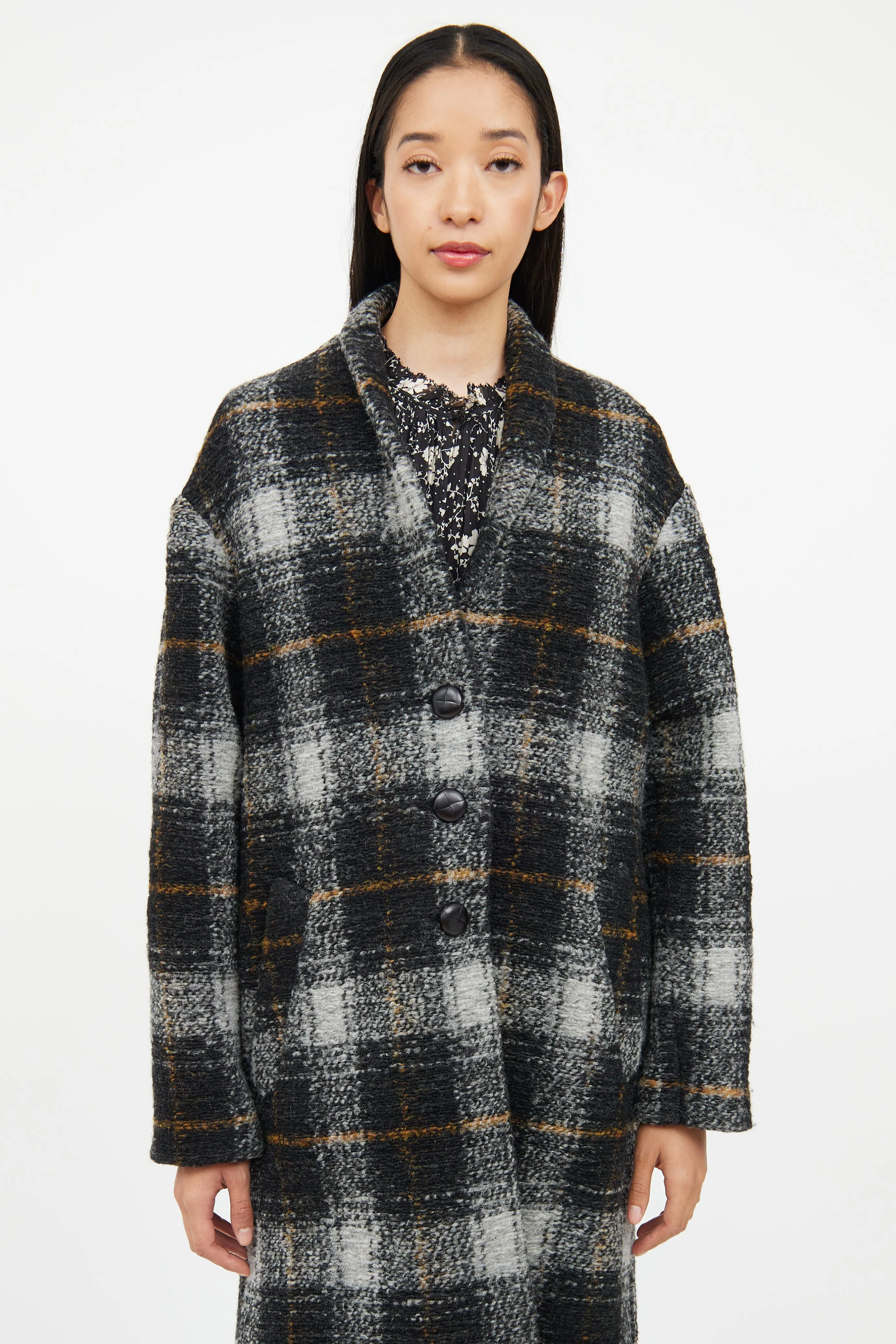 Grey Multi Colour Plaid Wool Coat