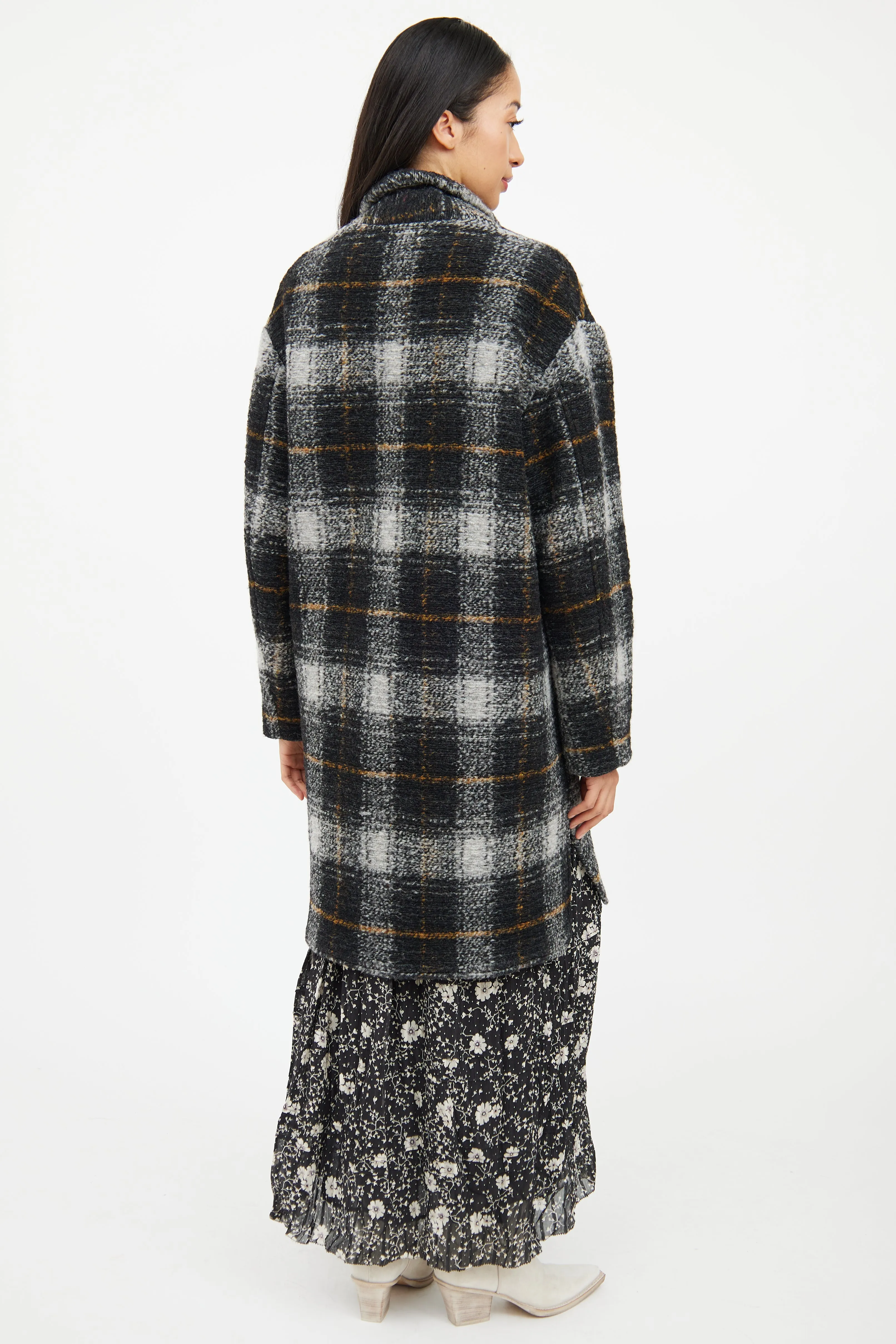 Grey Multi Colour Plaid Wool Coat