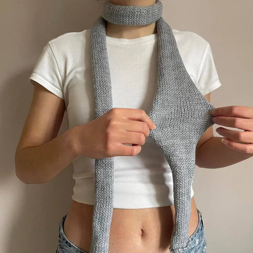 Handmade knitted skinny scarf in grey