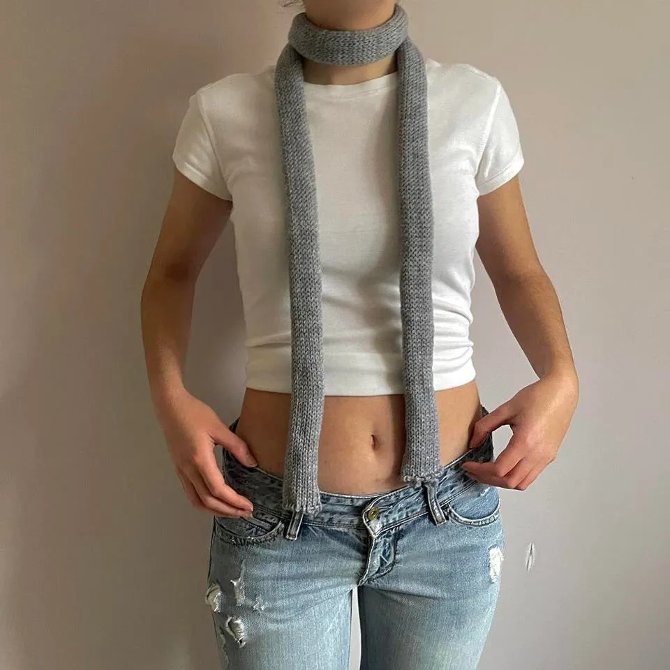 Handmade knitted skinny scarf in grey