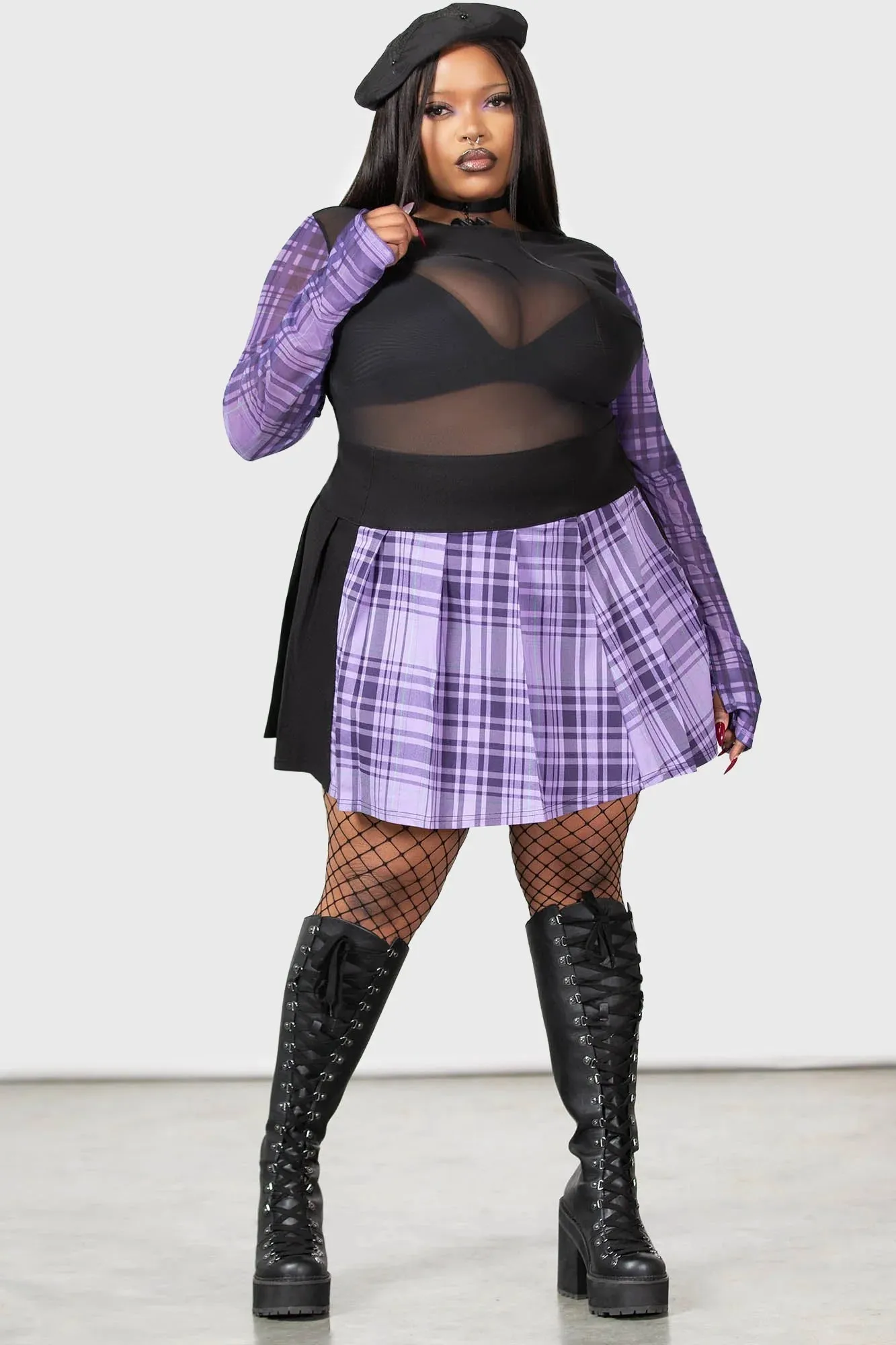 Killstar Cattie Pleated Skirt Purple Tartan Skater