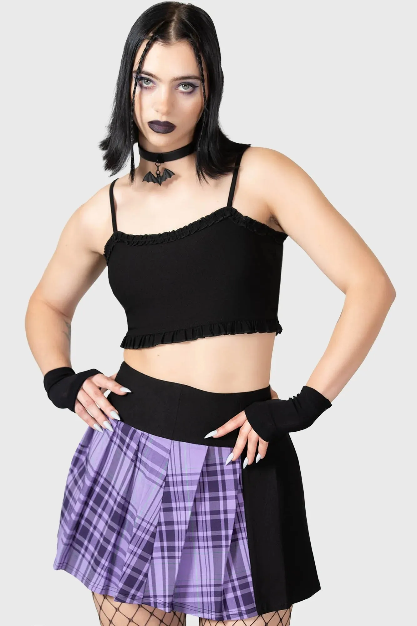 Killstar Cattie Pleated Skirt Purple Tartan Skater