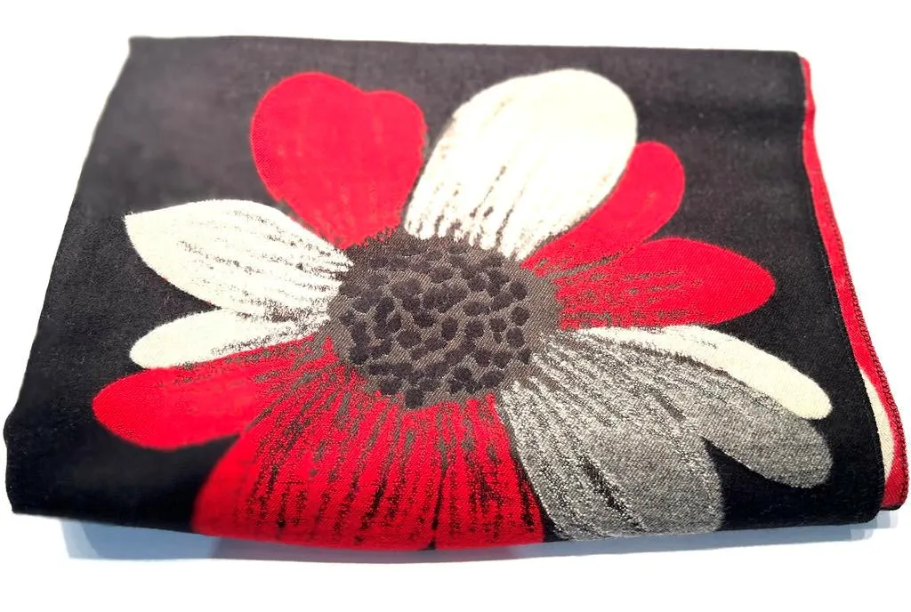 Large Flower Black and Red Revisable Cashmere Scarf