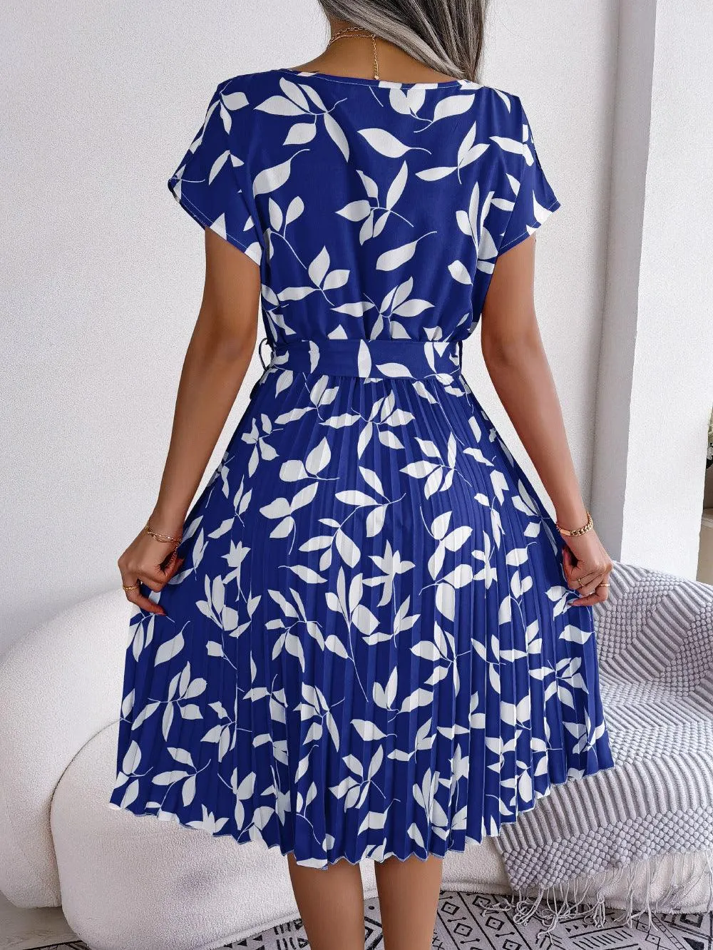 Leaf Print Dress Women Short Sleeve Lace-up Skirt Summer Beach Dress