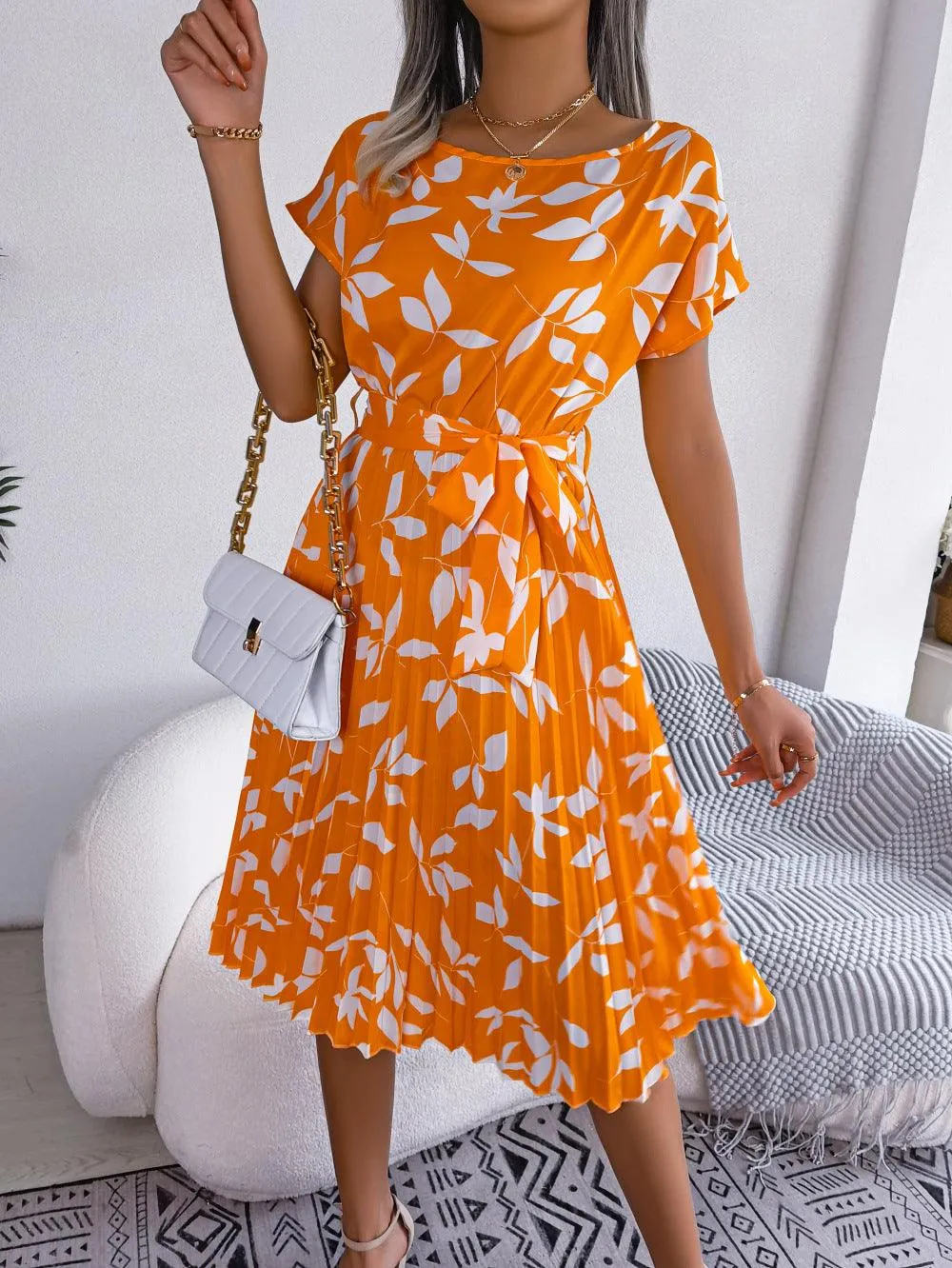 Leaf Print Dress Women Short Sleeve Lace-up Skirt Summer Beach Dress