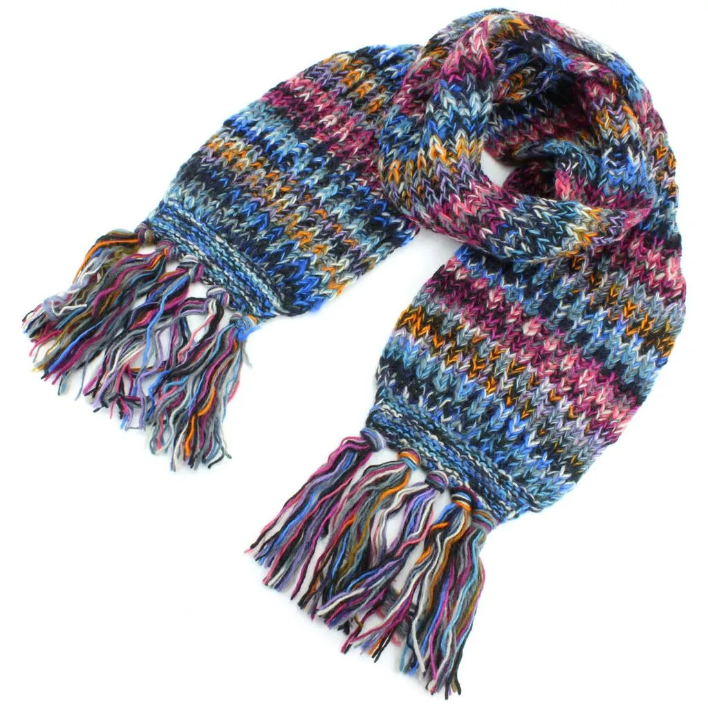 Long Chunky Knit Wool Multi Mix Scarf - Blue Mix