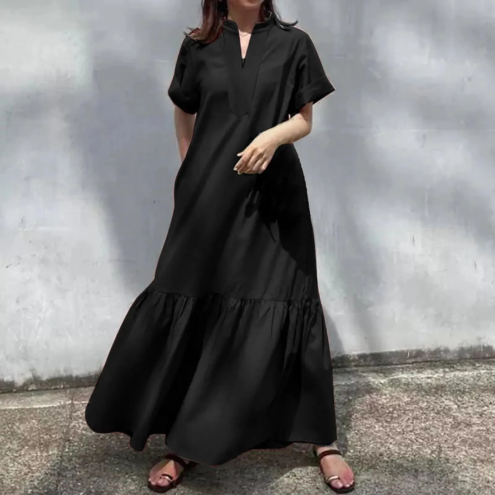 Long Elegant Maxi Causal V Neck Short Sleeved Oversized Midi Holiday Dress