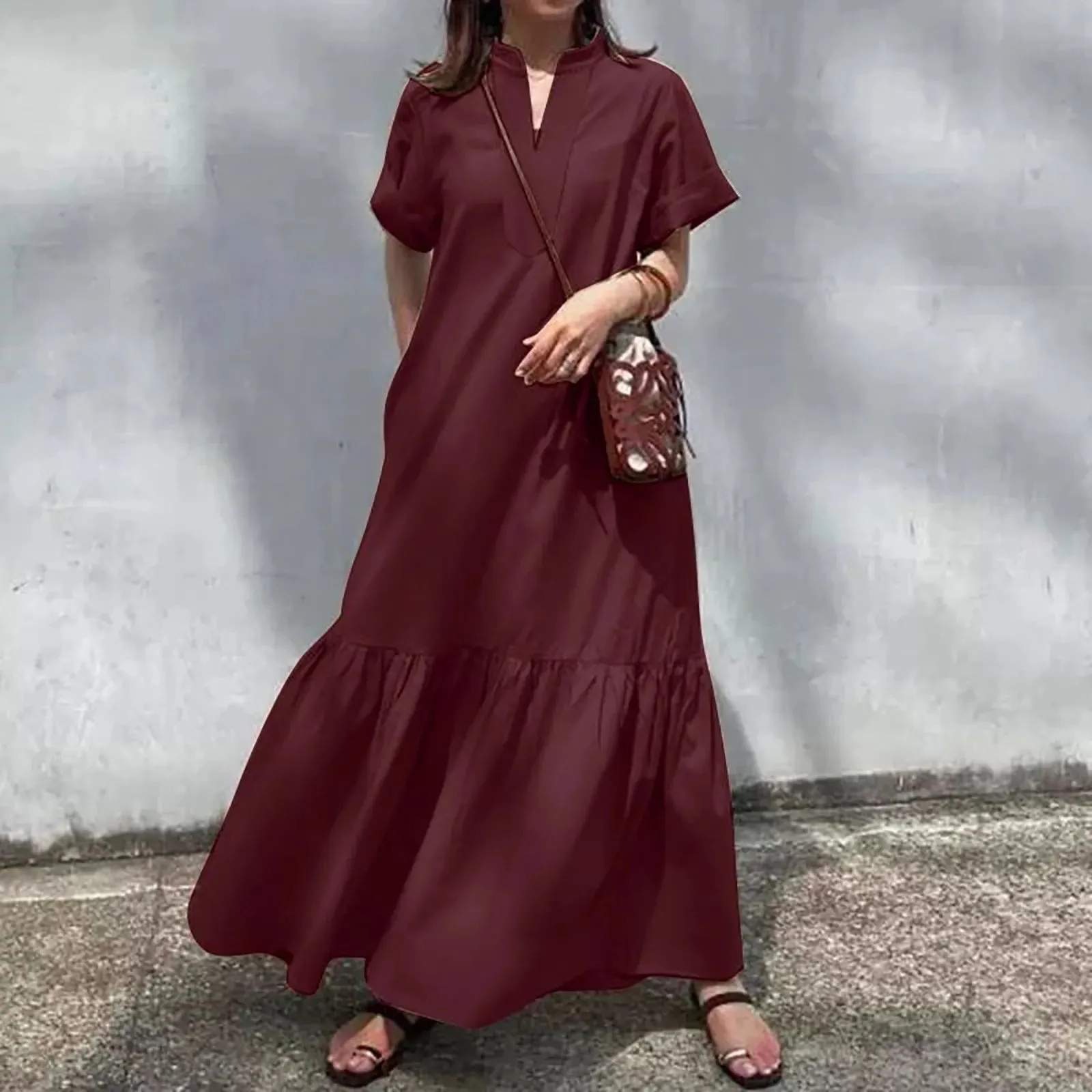 Long Elegant Maxi Causal V Neck Short Sleeved Oversized Midi Holiday Dress