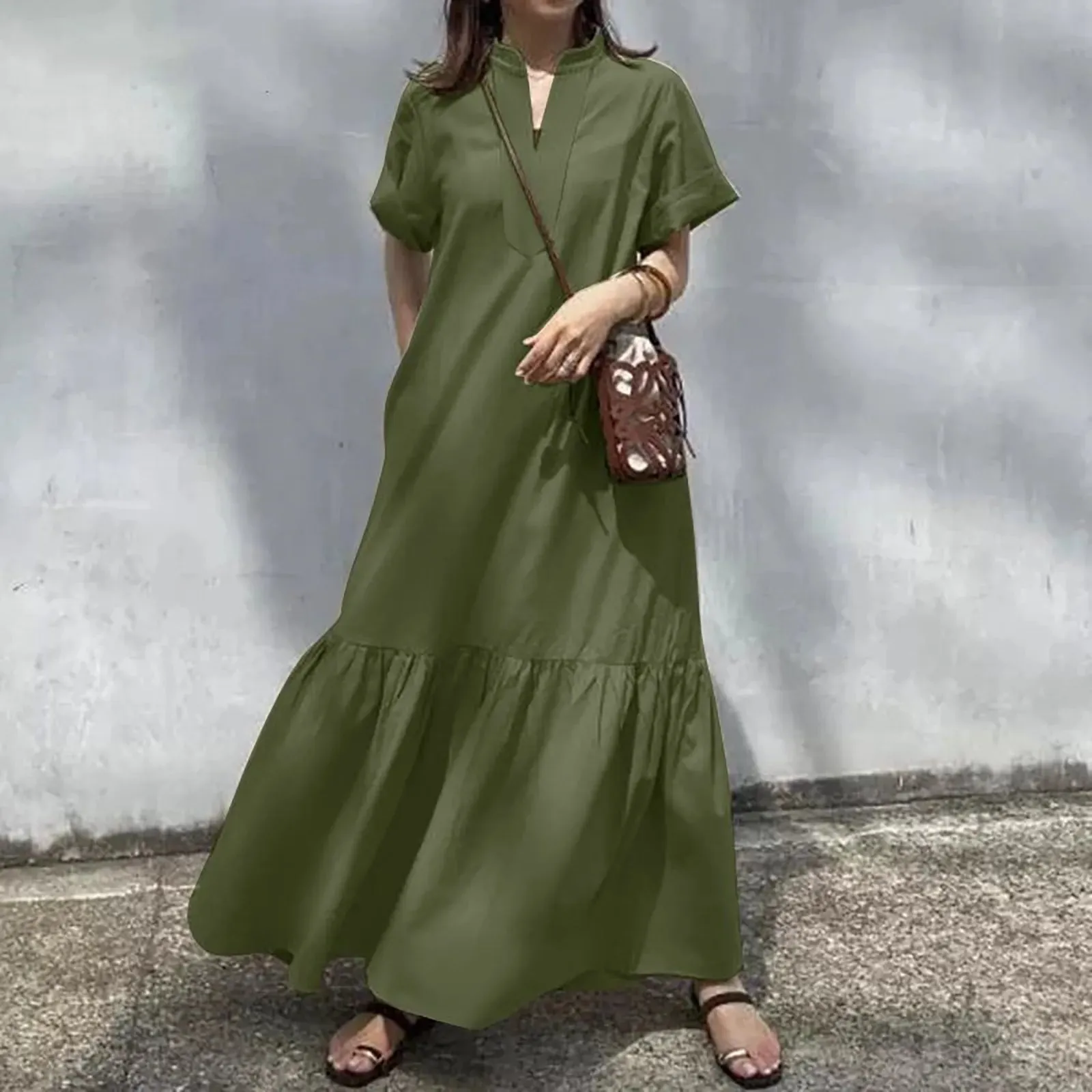 Long Elegant Maxi Causal V Neck Short Sleeved Oversized Midi Holiday Dress