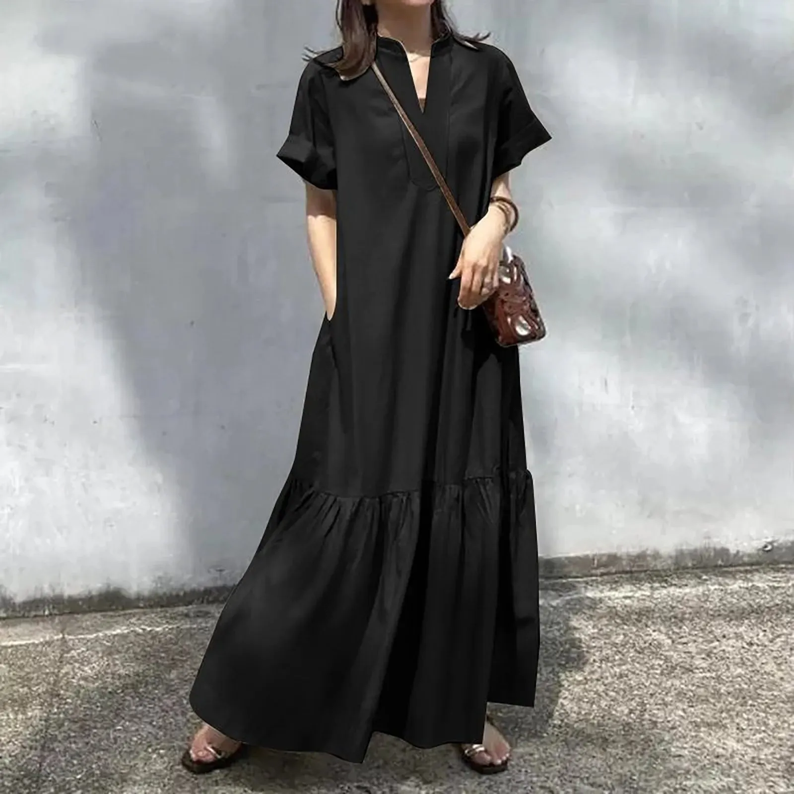 Long Elegant Maxi Causal V Neck Short Sleeved Oversized Midi Holiday Dress