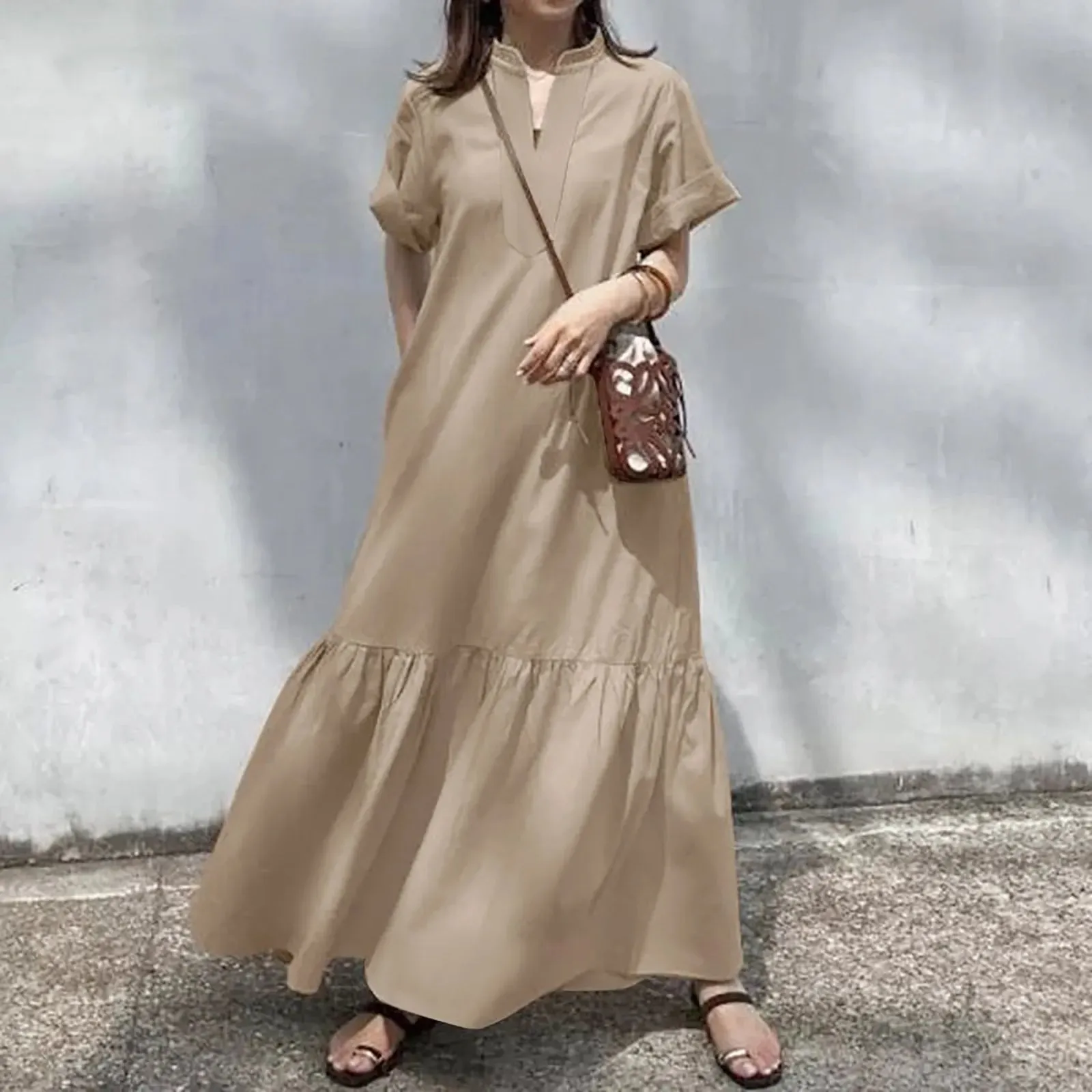 Long Elegant Maxi Causal V Neck Short Sleeved Oversized Midi Holiday Dress