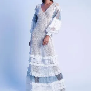 Long Knit Dress With Mesh, Applique & Knit Ruffles